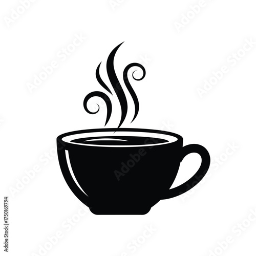 A black cup with swirling steam rises a striking image silhouette