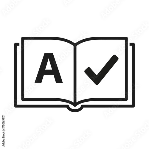 Open book with letter a and checkmark inside a square frame