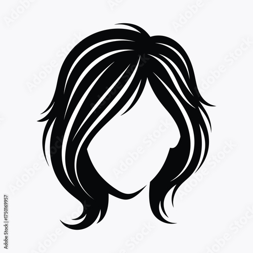 Modern black and white illustration of a woman s hairstyle with layered bangs