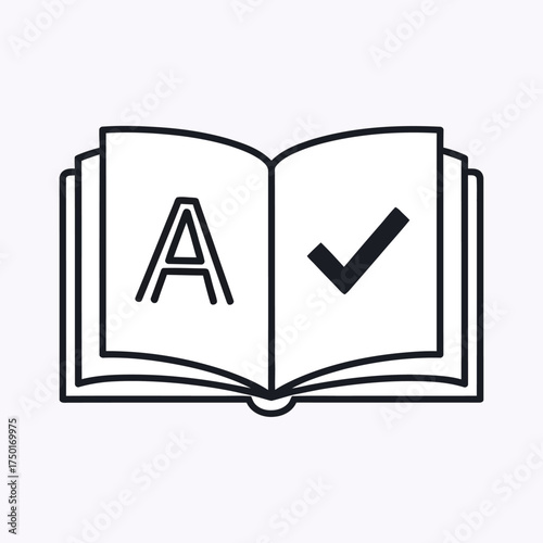An open book displaying the letter a and a checkmark symbol