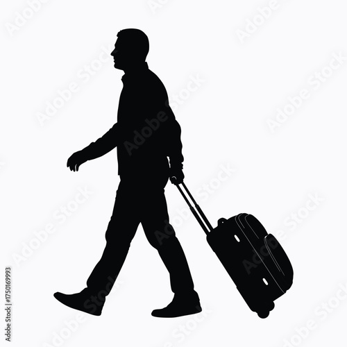 A man walking with a rolling suitcase a striking black silhouette