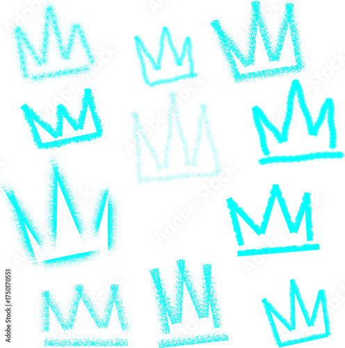 A collection of hand-drawn blue and cyan crown sketches scattered across a white background, depicting royalty and playful design.