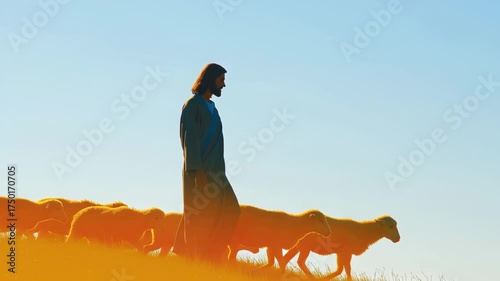Silhouette of Jesus walking his flock of sheep.