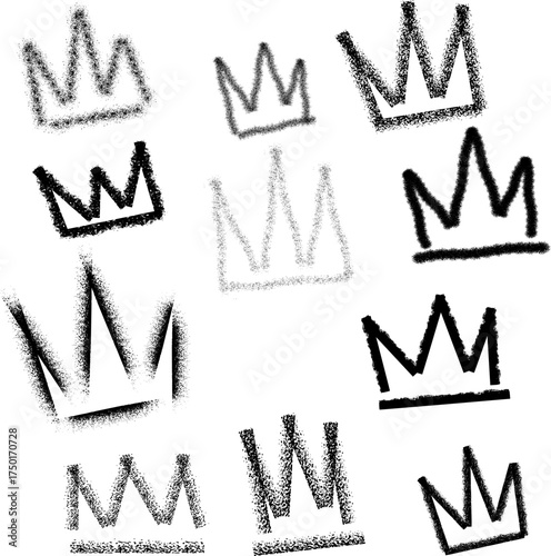 A collection of hand-drawn crown illustrations in various styles and sizes, rendered in black and white.