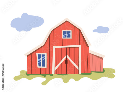  Illustration of a classic red barn, standing on green grass beneath blue clouds. Perfect for farm, rural, agriculture, and country themed designs, projects, and educational materials.