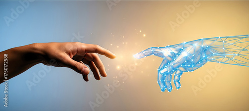 Human and robotic hand touch in digital glow against gradient background-
