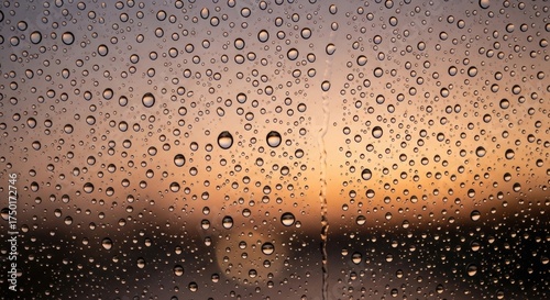 Macro view of rain droplets on glass with a warm sunset glow, creating a serene and reflective atmosphere.
