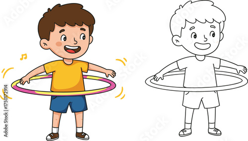 Cartoon child playing with hula hoop, colored and outline versions, musical movement, white background, fun activity, coloring page concept