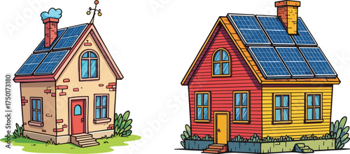 Solar-powered cartoon houses, eco-friendly home illustration, renewable energy rooftops, residential design, green architecture, white background, sustainable living theme