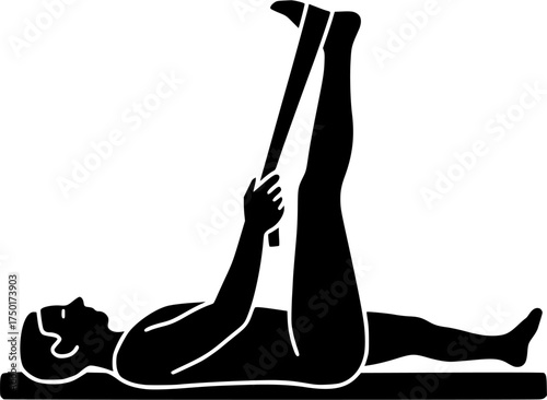 Hamstring Stretch (Supine): filled human silhouette in reclined position lifting one leg straight upward while other stays flat, transparent vector for anatomy, physiotherapy, posture alignment