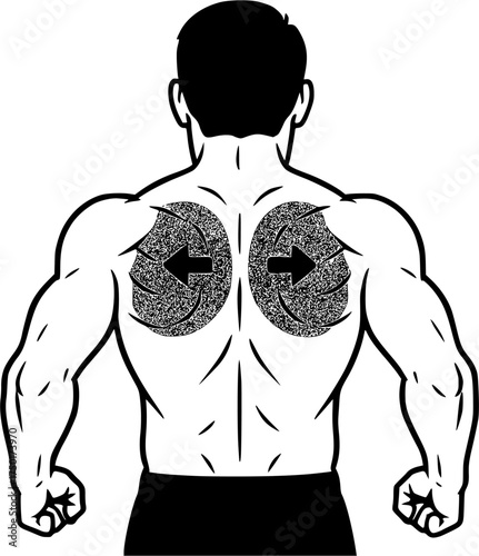 Scapular Retraction Exercise: filled human back-view figure showing scapular squeeze with bent elbows and visible upper-back contraction, transparent vector for anatomy, physiotherapy