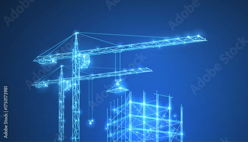 Construction. Polygonal wireframe building under crune on dark blue night sky with dots, stars.