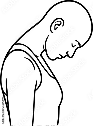 Neck Flexion Stretch: filled human bust silhouette lowering chin to chest with relaxed shoulders, transparent vector for anatomy, physiotherapy, posture training, and wellness illustration use