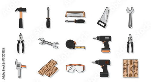 Flat design vector illustration of woodworking tools set