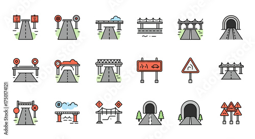 Road signs and infrastructure icons representing various travel and safety aspects