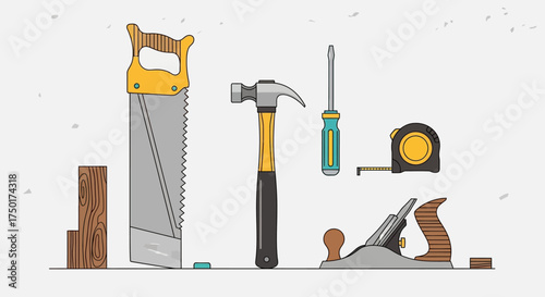 Flat design vector illustration of woodworking tools set