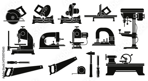 Flat design vector illustration of woodworking tools set
