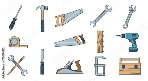 Flat design vector illustration of woodworking tools set