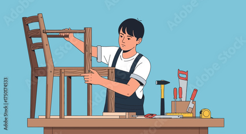 Flat vector of woodworker working on workbench