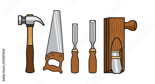 Flat design vector illustration of woodworking tools set
