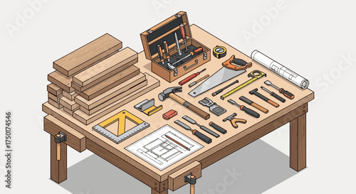 Flat design vector illustration of woodworking tools set