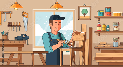 Flat vector of woodworker working on workbench