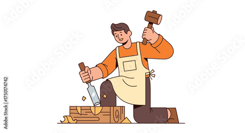 Flat vector of woodworker working on workbench