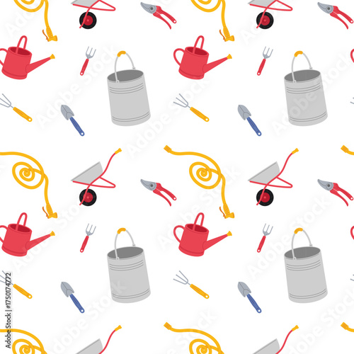 Colorful gardening tools pattern with watering cans, wheelbarrows, and gardening accessories