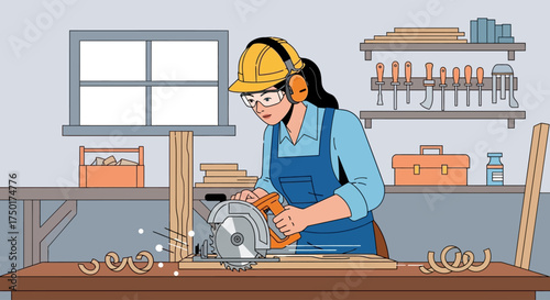 Flat style vector of female carpenter cutting wood