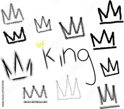 Artistic doodle of multiple hand-drawn crowns in black and grey surrounding the word 'king' with a small yellow crown.