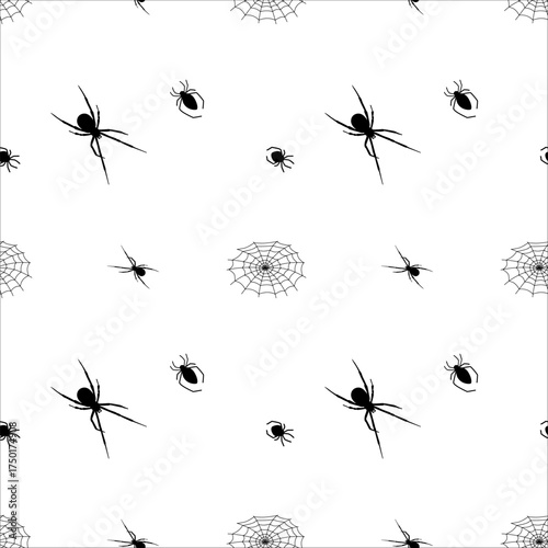 Black spiders and webs pattern on a white background for Halloween decorations or crafts