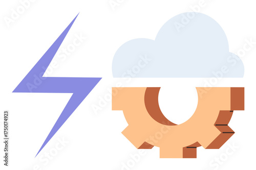 Lightning bolt and cloud with gear visualizing energy, innovation, technology integration, automation, cloud computing, creative solutions, industrial processes. Ideal for IT, energy efficiency