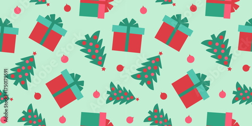 Seamless Christmas pattern with holiday gifts, decorations and Christmas trees