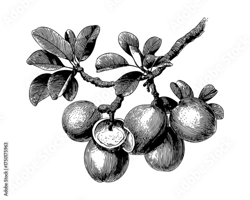 Detailed vintage botanical engraving of ackee fruit with leaves and branch, black-and-white etching style perfect for classic botanical design.