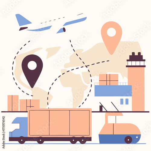 Global logistics and transportation vector with plane ship truck and map icons