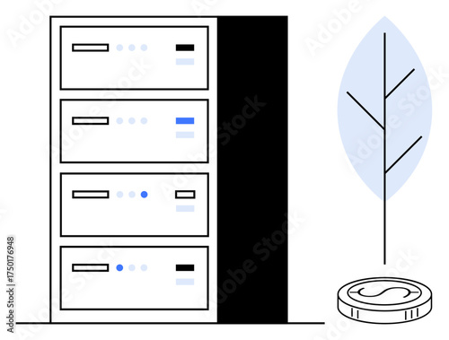 Server rack with neatly arranged compartments next to a symbolic tree and renewable energy coin. Ideal for technology, sustainability, green energy, eco-friendly practices, cloud computing, data