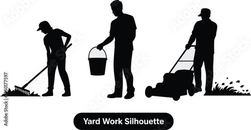 Yard work silhouette set, outdoor labor poses, raking, mowing, carrying bucket, black worker icons, minimal style, clean vector graphic