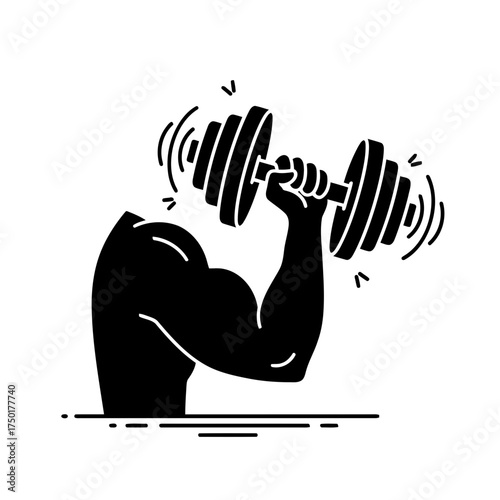 Gym equipment vector art of strong arm lifting heavy dumbbell in black color