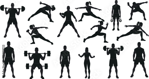 Fitness workout silhouettes, strength training poses, gym exercise collection, kettlebell and barbell movements, flat vector illustration, active lifestyle design bundle