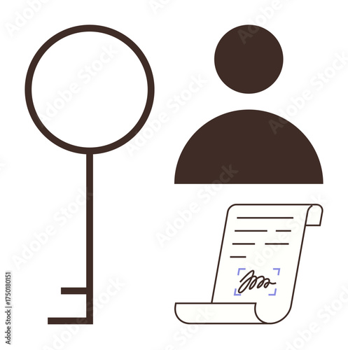 Key beside user avatar and signed document convey themes of secure access, authentication, and trust. Ideal for identity verification, security, digital contracts, virtual access, legal matters, user