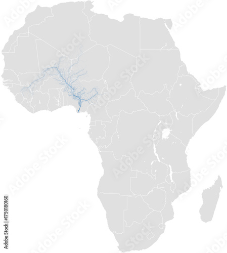 Niger river system – rivers vector map of Africa highlighting main stem, primary and secondary tributaries (AEA, scaled by river size, PPT-compatible, multi-layered & fully editable)