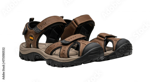 Men’s brown hiking sandals with rugged soles and velcro straps, isolated PNG on transparent background