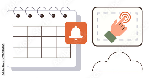 Calendar grid with orange reminder bell, notification touch interaction screen, minimalistic cloud design. Ideal for scheduling, reminders, planning, task management, cloud backup, productivity