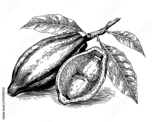 Illustrative Black and White Drawing of Cacao Fruit and Leaves with Detailed Textures and Organic Aesthetic