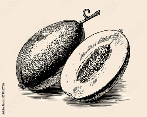 Vintage Illustration of Fresh Melon Halves on Cream Background with Intricate Details and Textures
