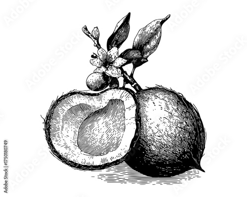 Illustration of whole and sliced coconuts with leaves in detailed botanical style on a white background.