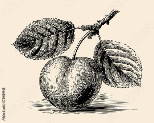 Vintage Botanical Illustration of a damson plum with Leaves on a Branch in Black and White Sketch Style