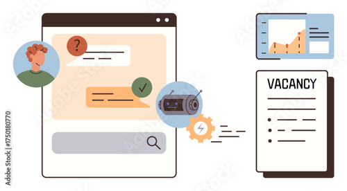 Chat interface with AI automation, user conversation, graph analytics, and job vacancy listing. Ideal for recruitment, job search, AI solutions, digital transformation, career growth data