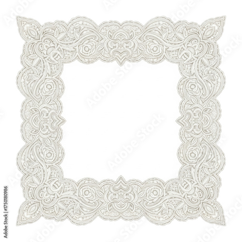 Square Lace Frame Border with Floral Embroidery – PNG Transparent Background Vintage Doily Clipart