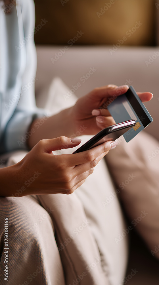 Fototapeta premium Paying with card via phone. Person sitting, holding phone and card for a secure transaction online while relaxing on couch.